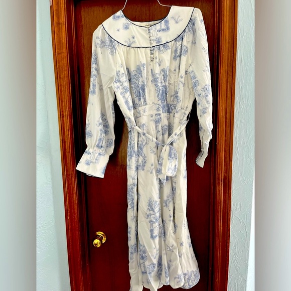 Simple Retro Nafisa French Blue and White Toile Long Sleeve Midi Dress - Size M - Picture 5 of 12
